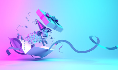 Gift box opened, confetti and a cartoon sheep on blue pink gradient background. 3D rendering illustration.
