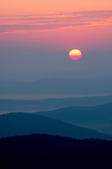 A beautiful sunrise in the mountains. A delightful summer landscape. Polonina Carynska. Bieszczady National Park. Poland.