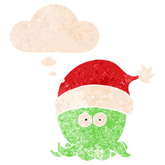 cartoon octopus wearing christmas hat and thought bubble in retro textured style