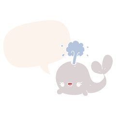 cute cartoon whale and speech bubble in retro style