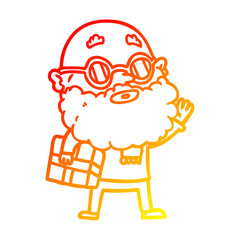 warm gradient line drawing cartoon curious man with beard sunglasses and present