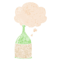 cartoon bottle and thought bubble in retro textured style