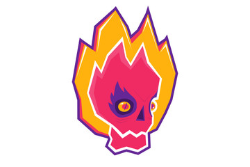 Burning skull with tongues of flame in cartoon style. Doodle sticker.