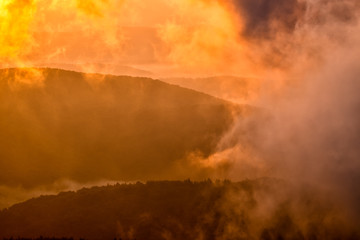 A beautiful sunrise in the mountains. A delightful summer landscape. Polonina Carynska. Bieszczady National Park. Poland.