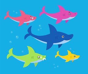 The family shark bright children illustration. Art for kids books. Mommy, daddy, grandma and granddaddy sharks family. 