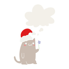cute cartoon christmas cat and thought bubble in retro style