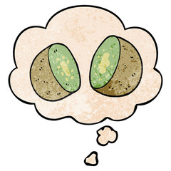 cartoon kiwi and thought bubble in grunge texture pattern style