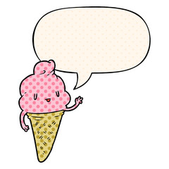 cute cartoon ice cream and speech bubble in comic book style