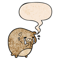 cartoon crying bear and speech bubble in retro texture style