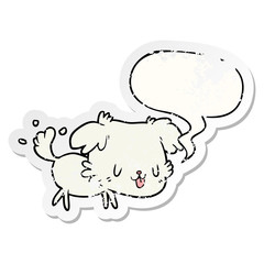 cute cartoon dog wagging tail and speech bubble distressed sticker