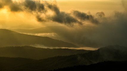 A beautiful sunrise in the mountains. A delightful summer landscape. Polonina Carynska. Bieszczady National Park. Poland.