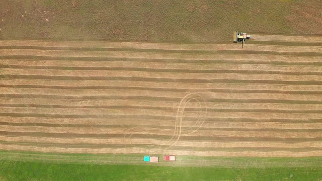 view of a combine from above harvesting wheat