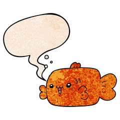 cartoon fish and speech bubble in retro texture style