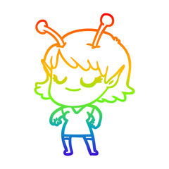 rainbow gradient line drawing smiling alien girl cartoon