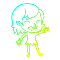 cold gradient line drawing cartoon vampire girl with blood on cheek