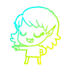 cold gradient line drawing happy cartoon elf girl pointing