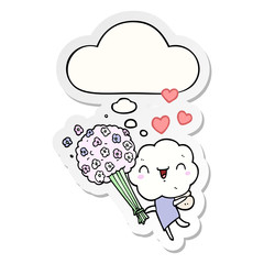cute cartoon cloud head creature and thought bubble as a printed sticker