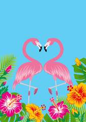 Two flamingos and tropical plants - Copy space, Sky blue background