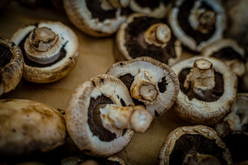 Portobello musrooms closeup on a basket