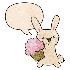 cute cartoon rabbit and muffin and speech bubble in retro texture style