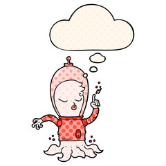 cute cartoon alien and thought bubble in comic book style