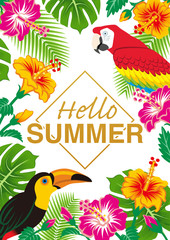 Tropical birds and plants frame - Included words "Hello SUMMER” ,White background, Vertical