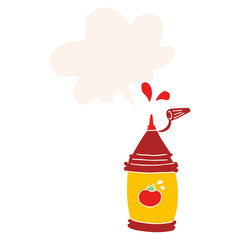 cartoon ketchup bottle and speech bubble in retro style