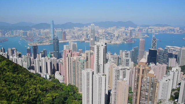 Aerial: Beautiful View of Hong City Skyscrapers and Harbor