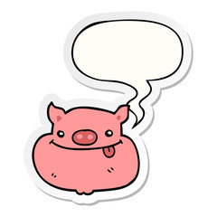 cartoon happy pig face and speech bubble sticker