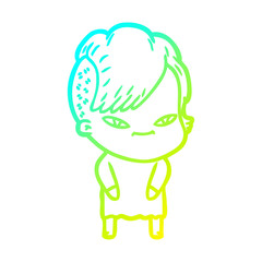 cold gradient line drawing cute cartoon girl with hipster haircut