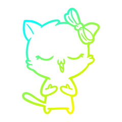 cold gradient line drawing cartoon cat with bow on head