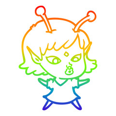 rainbow gradient line drawing pretty cartoon alien girl