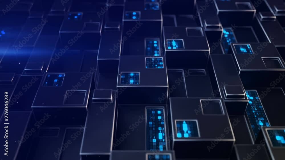 Poster sci-fi blue wall panel with digital data. futuristic technology concept. seamless loop 3d render ani