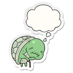 cute cartoon old turtle and thought bubble as a printed sticker
