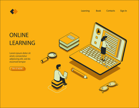 Isometric image on a yellow background of online learning. Visualization on the laptop screen lectures, the girl reads the text, the guy reads, books with a pencil, glasses. Vector illustration.