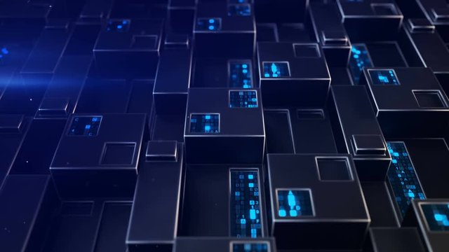 Sci-fi blue wall panel with digital data. Futuristic technology concept. Seamless loop 3D render animation 4k UHD 3840x2160