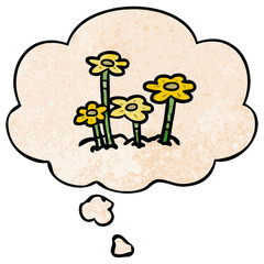 cartoon flowers and thought bubble in grunge texture pattern style