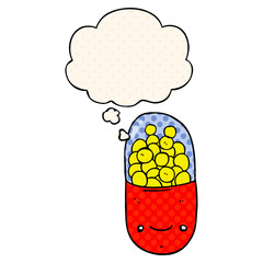 cartoon pill and thought bubble in comic book style