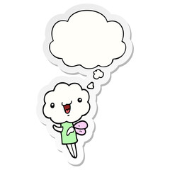 cute cartoon cloud head creature and thought bubble as a printed sticker