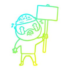 cold gradient line drawing cartoon bearded protester crying