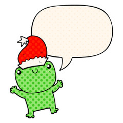 cute cartoon frog wearing christmas hat and speech bubble in comic book style