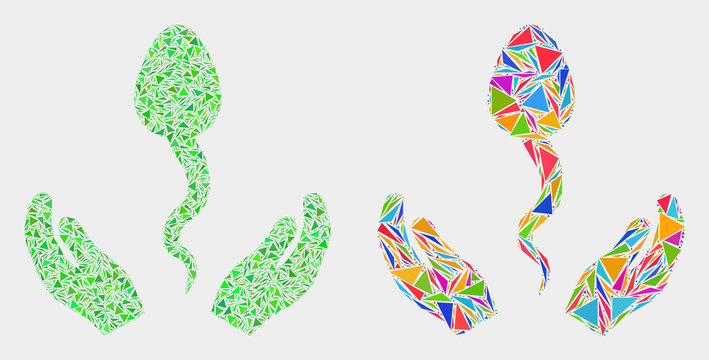 Sperm care hands mosaic icon of triangle items which have different sizes and shapes and colors. Geometric abstract vector illustration of sperm care hands.