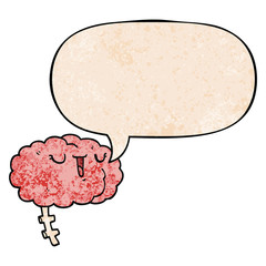 happy cartoon brain and speech bubble in retro texture style
