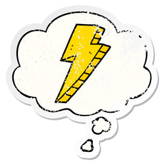 cartoon lightning bolt and thought bubble as a distressed worn sticker