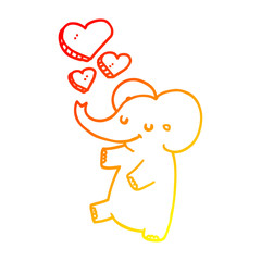 warm gradient line drawing cartoon elephant with love hearts