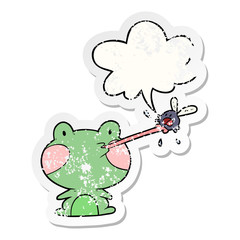 cute cartoon frog catching fly and tongue and speech bubble distressed sticker