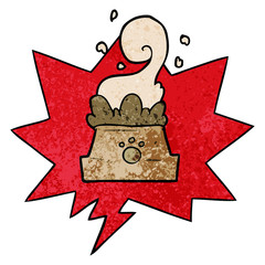 cartoon bowl of dog food and speech bubble in retro texture style