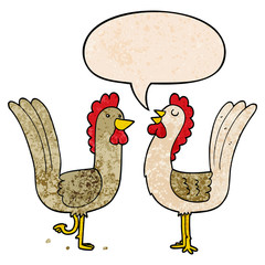 cartoon chickens and speech bubble in retro texture style