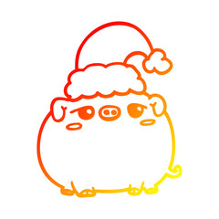 warm gradient line drawing cartoon pig wearing christmas hat