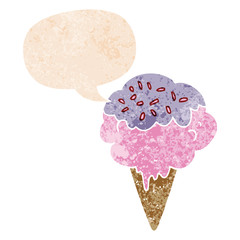 cartoon ice cream and speech bubble in retro textured style